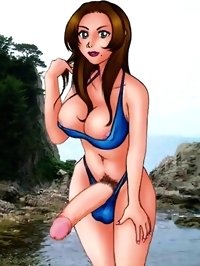 Anime futanari babe posing next to mountain river